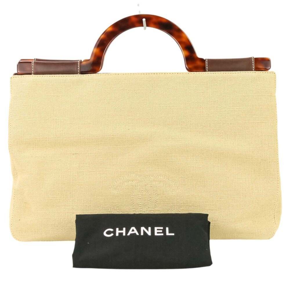 99P CHANEL Vintage Coco Stitch Linen Tortoiseshell Handle Handbag A12464Y0185...